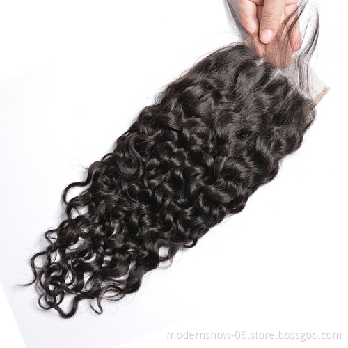 Wholesale price brazilian virgin human hair water wave lace closure, free part middle part three part human lace closure